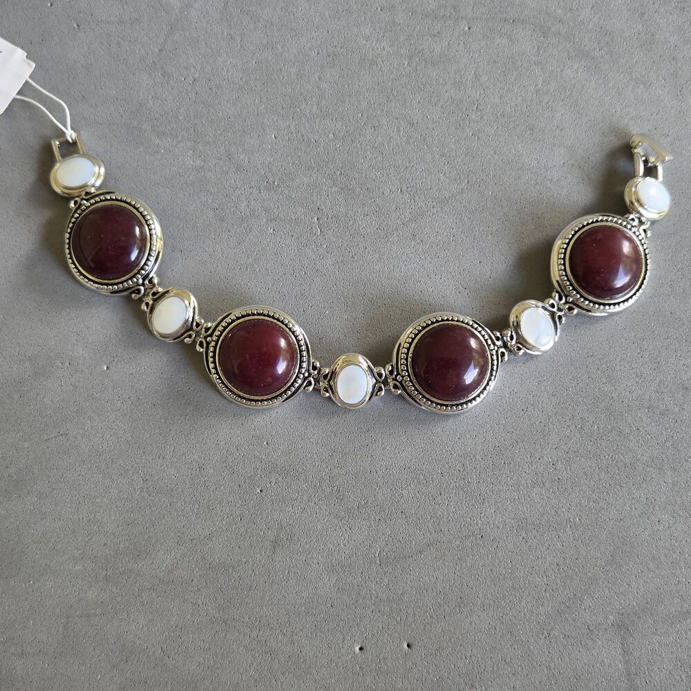 Lia Sophia B71 Jasper Mother of Pearl Bracelet Red Silver Tone Box Tag